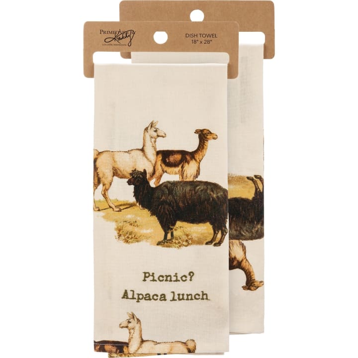 Picnic? Alpaca Our Lunch Dish Cloth Towel | Cotten Linen Novelty Tea Towel | Embroidered Text | 18" x 28"