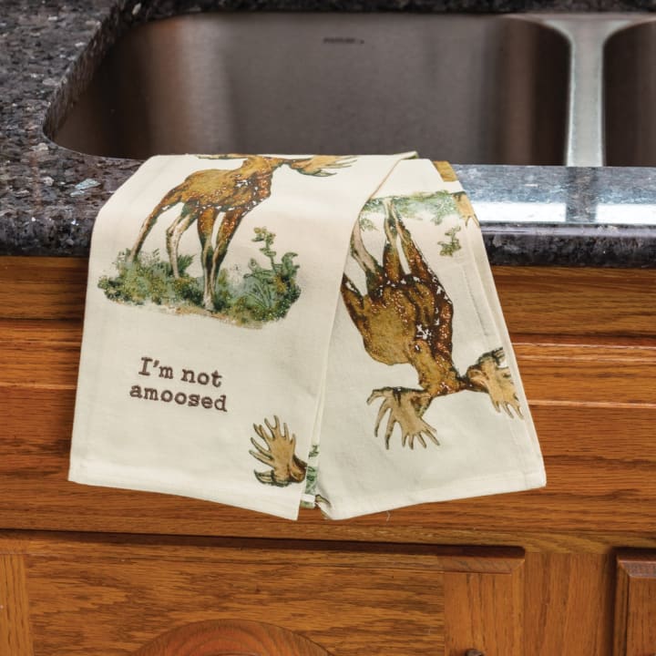 I'm Not Amoosed Moose Dish Cloth Towel | Cotten Linen Novelty Tea Towel | Embroidered Text | 18" x 28"