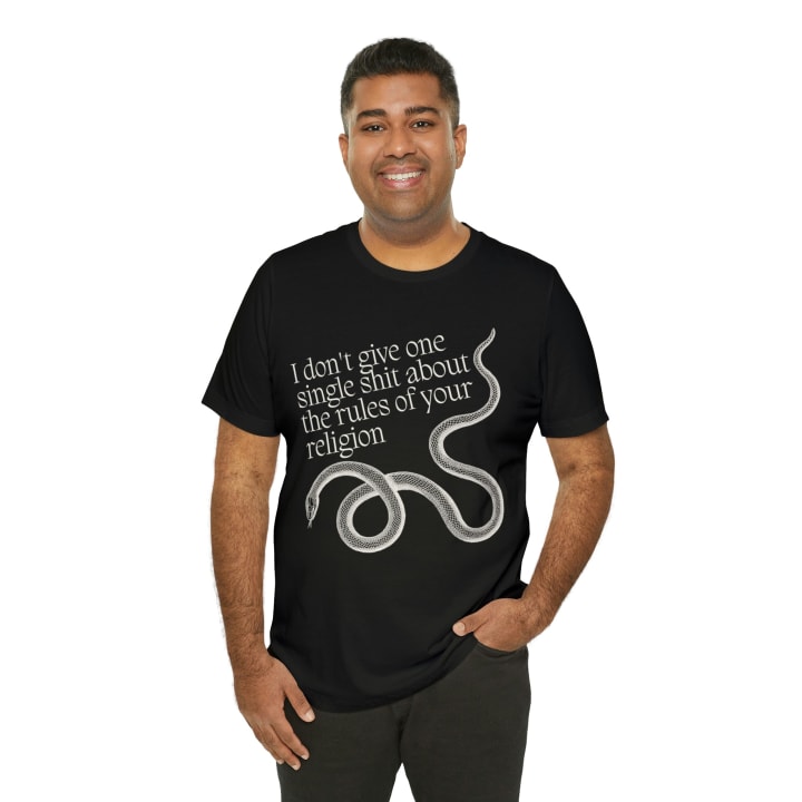 I Don't Give One Single Sh*t About the Rules of Your Religion Men's Short Sleeve Tee [Multiple Color Options] - Color: Black, Size: S