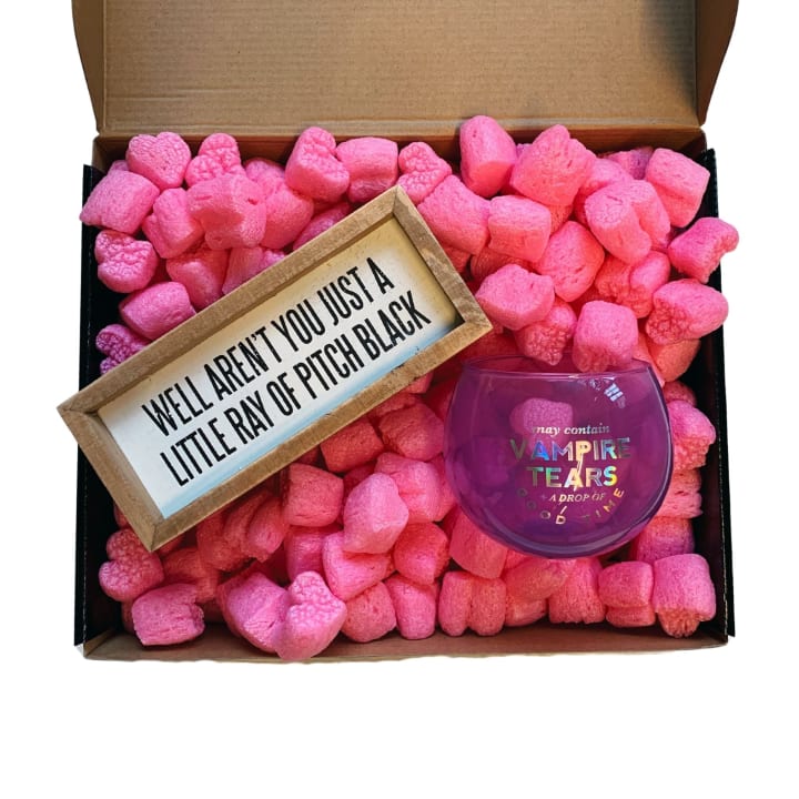 Ray of Pitch Black Witchy Gift Box with Compostable Pink Heart Packing Peanuts - Style: Vampire Tears