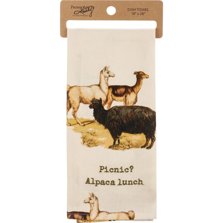 Picnic? Alpaca Our Lunch Dish Cloth Towel | Cotten Linen Novelty Tea Towel | Embroidered Text | 18" x 28"