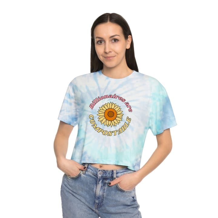 Billionaires Are Compostable Groovy Flower Women's Tie-Dye Crop Tee - Color: Lagoon, Size: XS