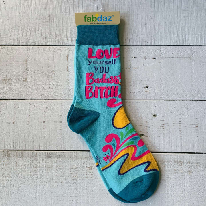 Love Yourself You Badass Bitch Ladies' Novelty Crew Socks | Colorful Women's Footwear