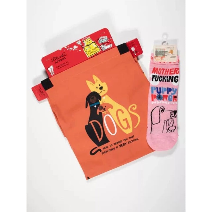 Dogs. Here To Remind You That Everything Is Exciting Funny Cooking and BBQ Apron Unisex 2 Pockets Adjustable Strap 100% Cotton | BlueQ at GetBullish