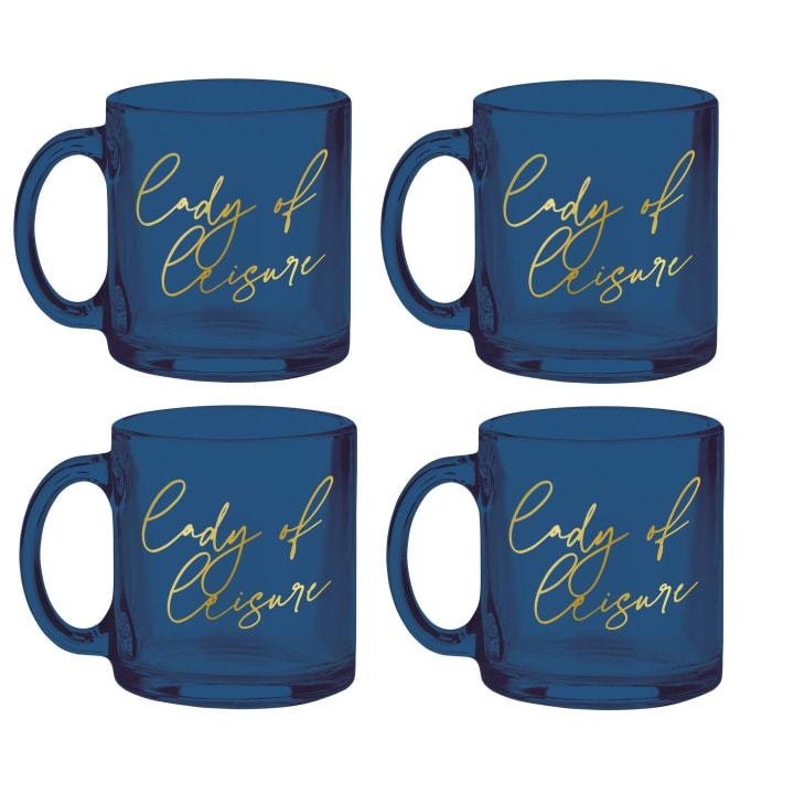 Lady of Leisure Single-Wall Glass Mug in Dark Blue Tinted Glass and Gold | 10 oz. | Set of 4