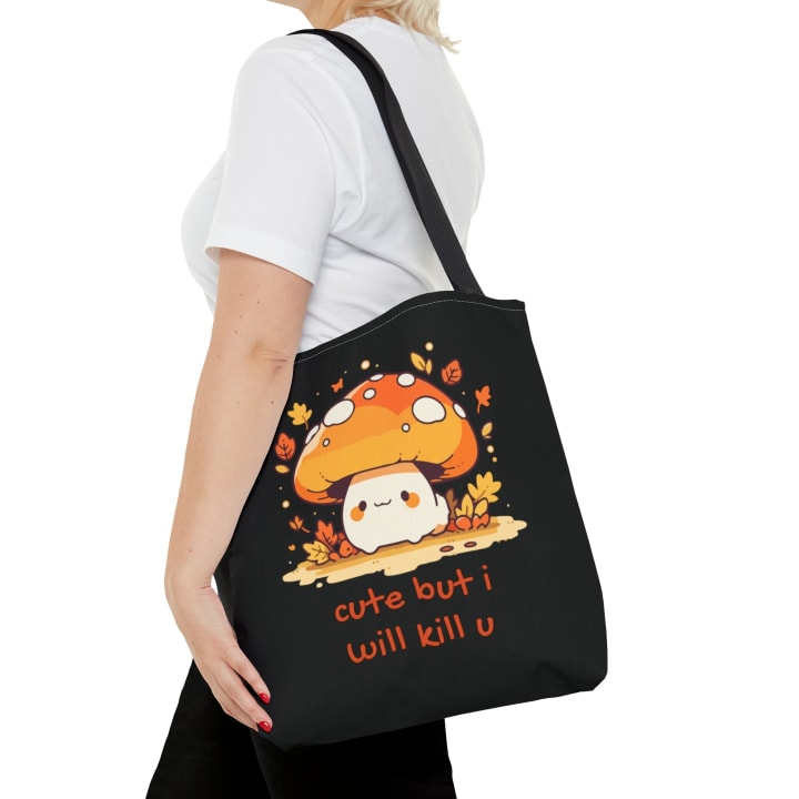 Cute But I Will Kill U Mushroom Tote Bag in Black | 16" x 16"