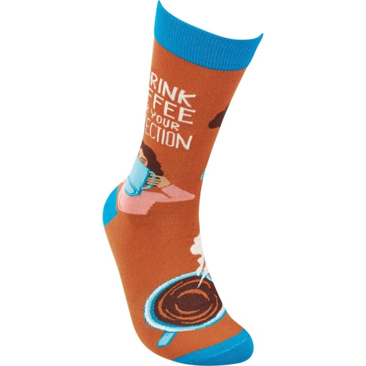 I Drink Coffee For Your Protection Funny Socks in Aqua Blue and Brown | Unisex