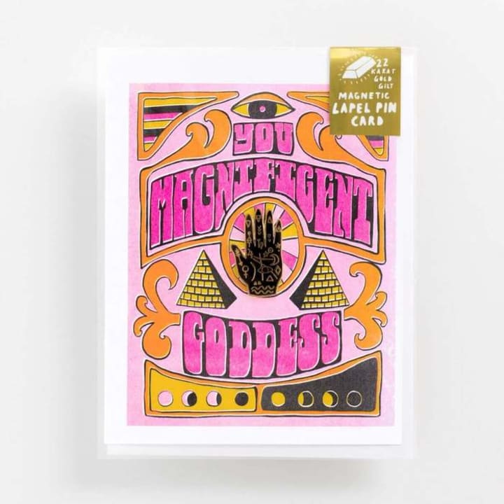 Magnificent Goddess Enamel Pin on Greeting Card Set