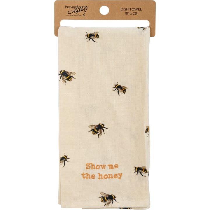 Show Me The Honey Honeybee Dish Cloth Towel | Cotten Linen Cotton and Linen | Embroidered Text | 18" x 28"