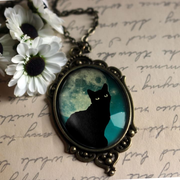 Teal Cat On Full Moon Oval Pendant Necklace | Handmade in the US