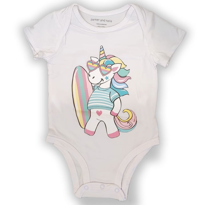 The Everyday Graphic Baby Onesie: Surfing Unicorn - Size: 6-9 months