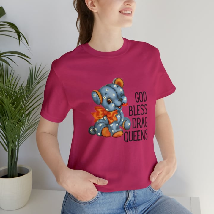 God Bless Drag Queens Jersey Short Sleeve Tee [Multiple Color Options] - Color: Berry, Size: S