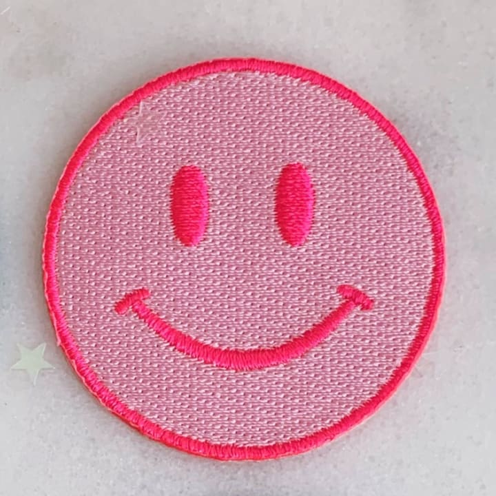 Smiley Face Patch in Pink-Neon Pink, Mint or Yellow | Fully Embroidered 80's Smiley Icon - Pink-Neon Pink: Pink-Neon Pink