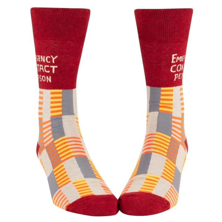 Emergency Contact Person Men's Crew Socks | Funny Text Novelty Socks | BlueQ at GetBullish