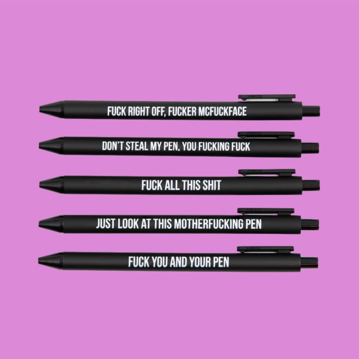 Sweary Fuck Pens Cussing Pen Gift Set - 5 Black Gel Pens Rife with Profanity