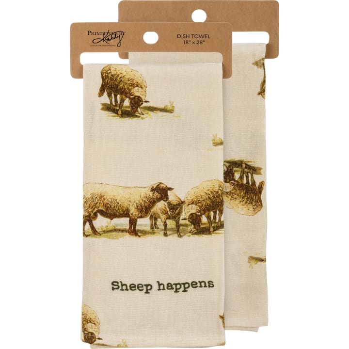 Sheep Happens Dish Cloth Towel | Cotten Linen Novelty Tea Towel | Embroidered Text | 18" x 28"