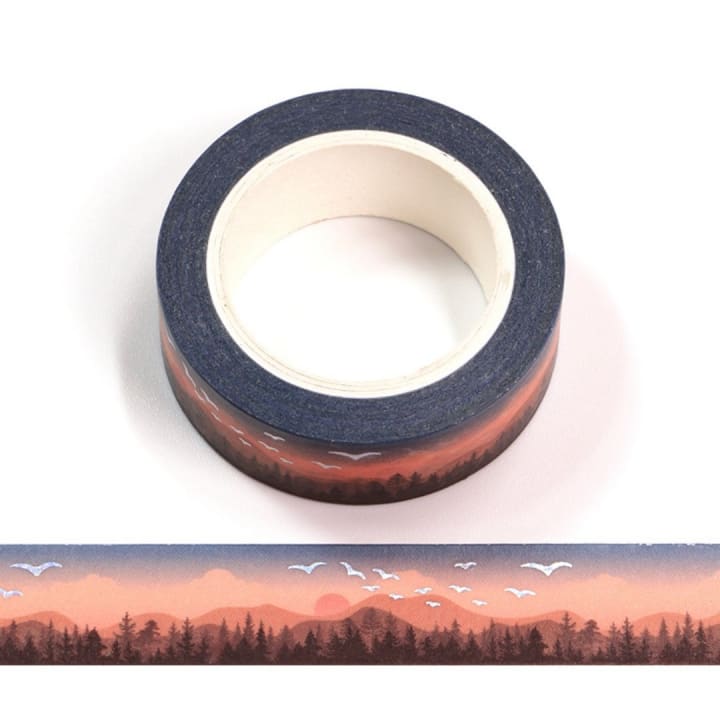 Mountain Horizon Washi Tape | Birds and Pines on Blue and Peach | Gift Wrapping and Craft Tape