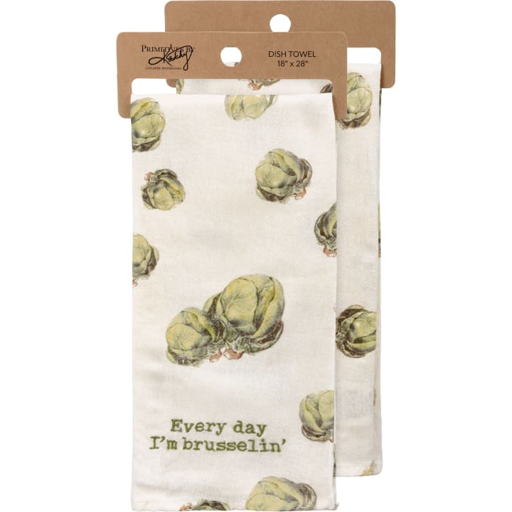 Every Day I'm Brusselin' Dish Cloth Towel | Cotten Linen Novelty Tea Towel | Embroidered Text | 18" x 28"
