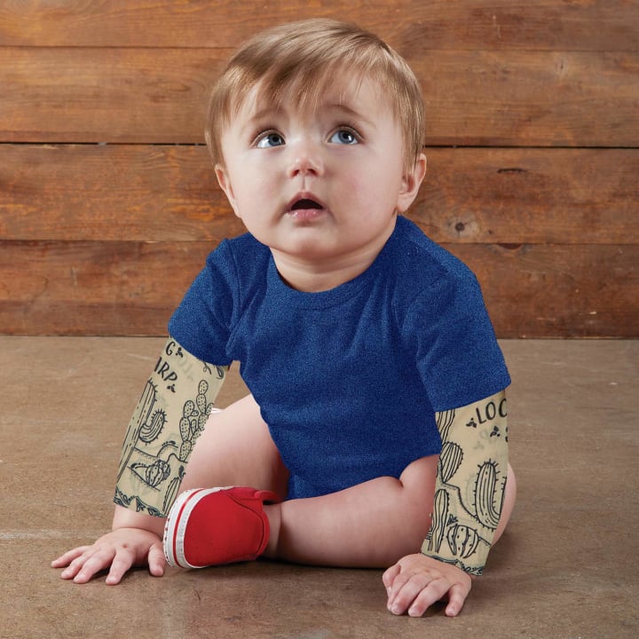 Cactus Tattoo Snapshirt Baby Bodysuit in Blue | Unisex Size 6-12 Months | Cowboy Western Funny Full Sleeve Tattoo Infant Shirt
