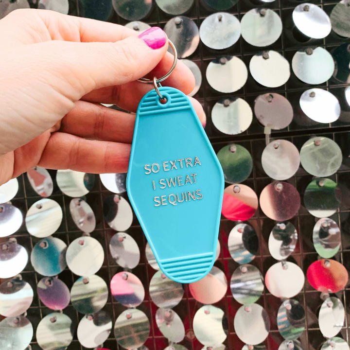 So Extra I Sweat Sequins Motel Style Keychain in Aqua