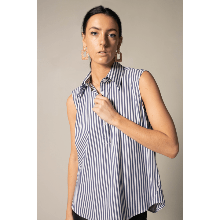 The Olivia Sleeveless Blue Stripe Blouse in Italian Cotton