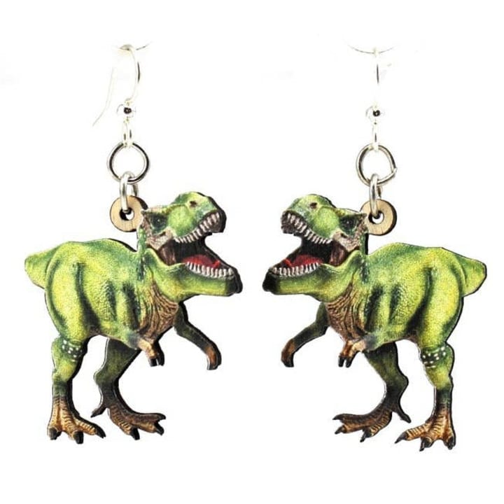 T-Rex Silver Finish Hook Earrings | Lightweight Laser Cut Wood with Hypoallergenic Ear Wires | Handmade in USA