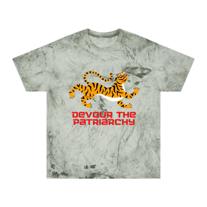 Devour the Patriarchy Feminist Tiger Unisex Color Blast T-Shirt - Color: Fern, Size: S