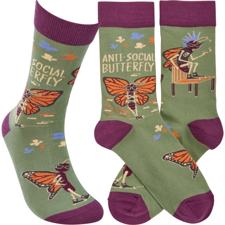 Anti-Social Butterfly Funny Socks in Purple | Unisex