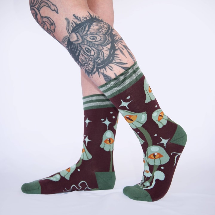 Mystic Mushrooms Crew Socks | Enchanted One-eyed Fungi Footwear