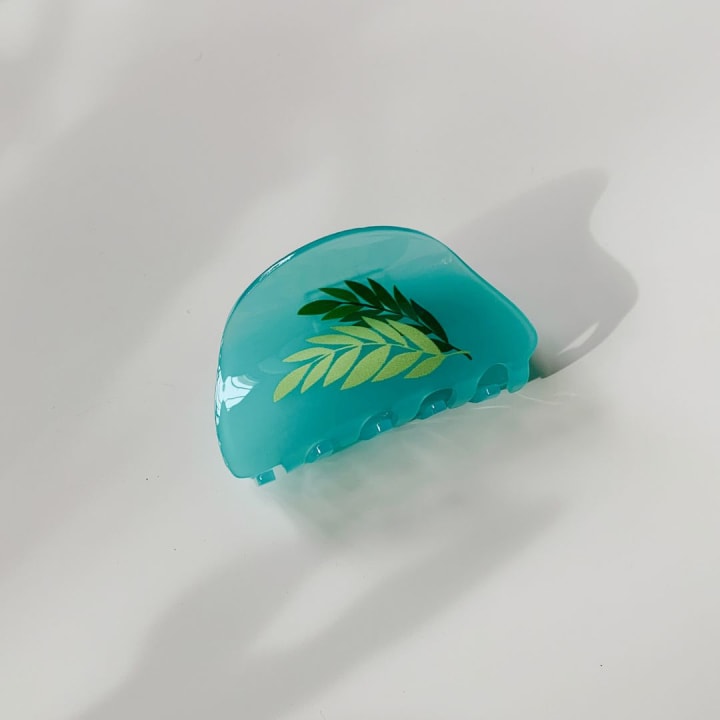 Velvet Claws Hair Clip | Painted Leaves in Blue | Claw Clip in Velvet Travel Bag