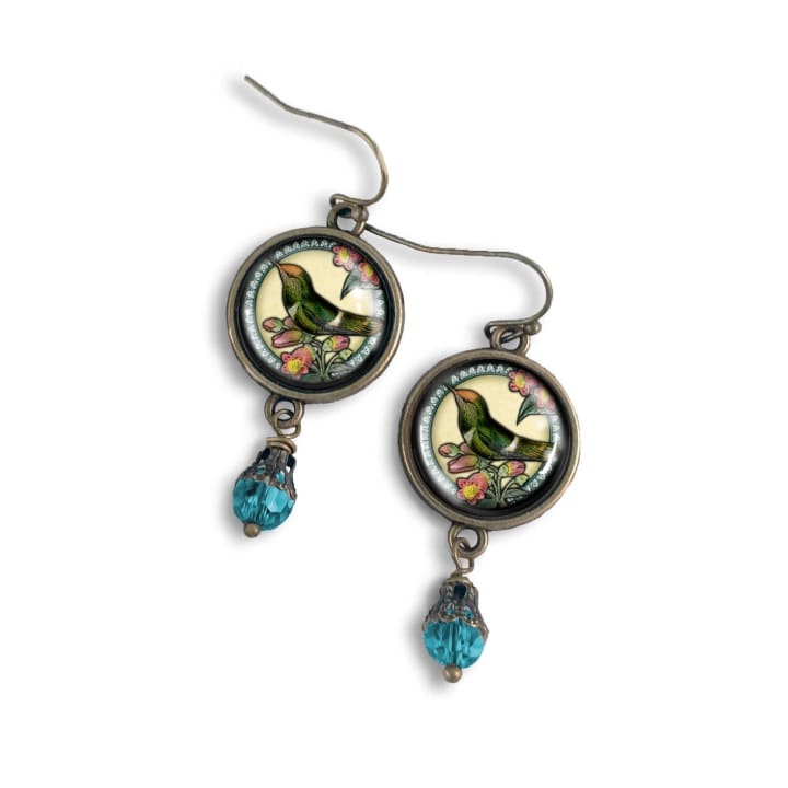 Hummingbird Inspired Vintage Glass Cabochon Earrings | Handmade in the US