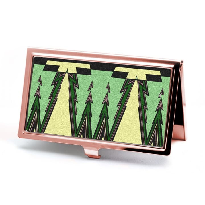 Handmade Green Envy Art Deco Business Card Holder in Rose Gold