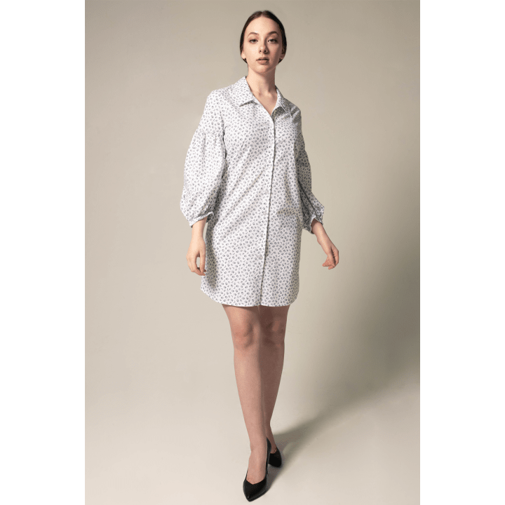 Shirt Dress with Oversized Sleeves in White Floral