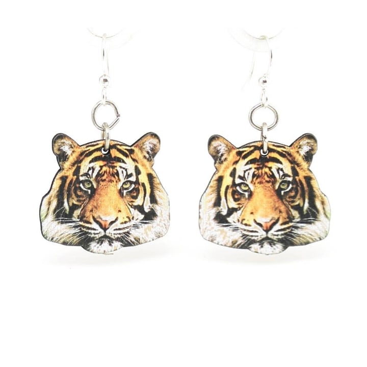 Full Color Tiger Silver Finish Hook Earrings | Lightweight Laser Cut Wood with Hypoallergenic Ear Wires | Handmade in USA