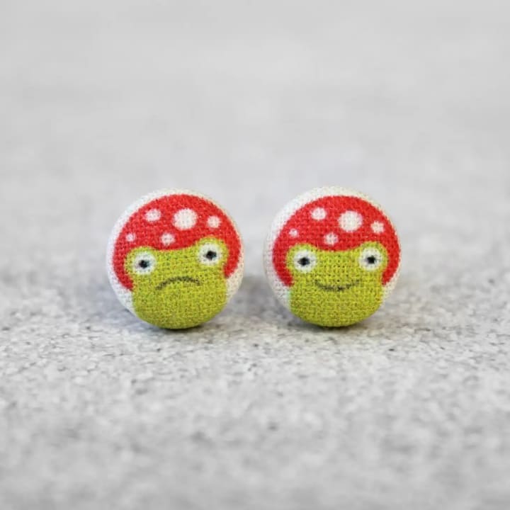 Mushroom Frog Fabric Button Earrings | Handmade in the US