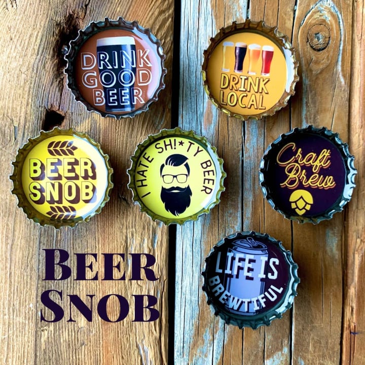 Beer Snob Magnets 6 Pack | Round Bottle-Cap Style Magnet Set in a Gift Tin