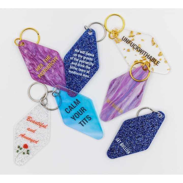 Hex the Patriarchy Feminist Motel Style Key Tag Keychain in Purple Galaxy Glitter