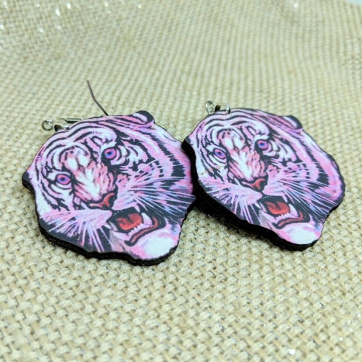 Pink Tiger Dangling Earrings | Handmade | Lightweight Wood