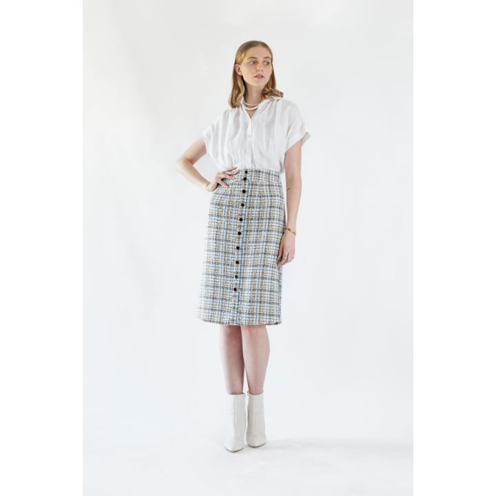 Luxe Plaid Tweed Pencil Skirt