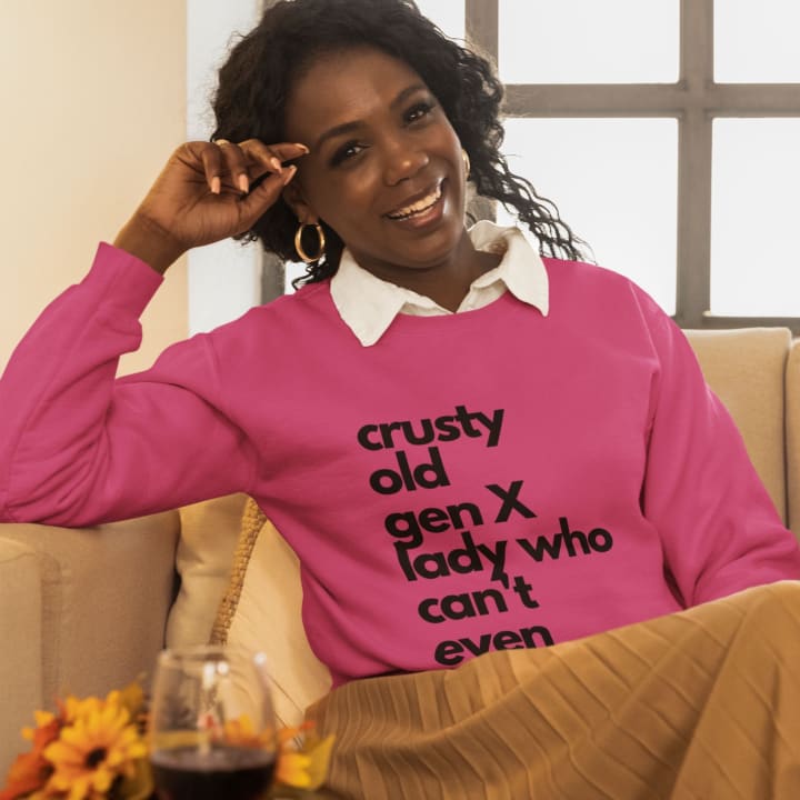 Crusty Old Gen X Lady Who Can't Even Unisex Heavy Blend™ Crewneck Sweatshirt Sizes SM-5XL | Plus Size Available - Color: Heliconia, Size: S