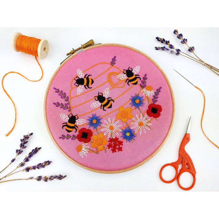 Honey Bees and Wildflowers Handmade Embroidery Kit Hoop