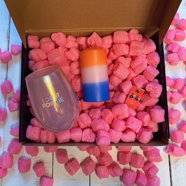 Candle + Sips Gift Box with Compostable Pink Heart Packing Peanuts