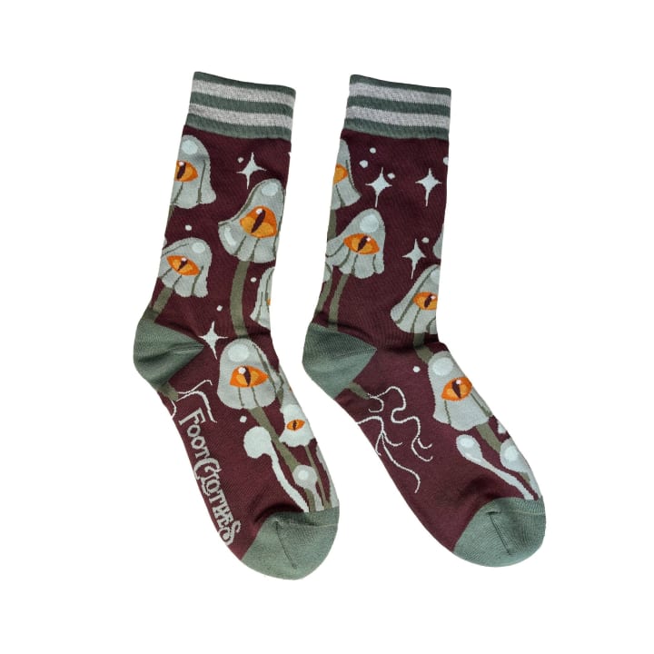 Mystic Mushrooms Crew Socks | Enchanted One-eyed Fungi Footwear