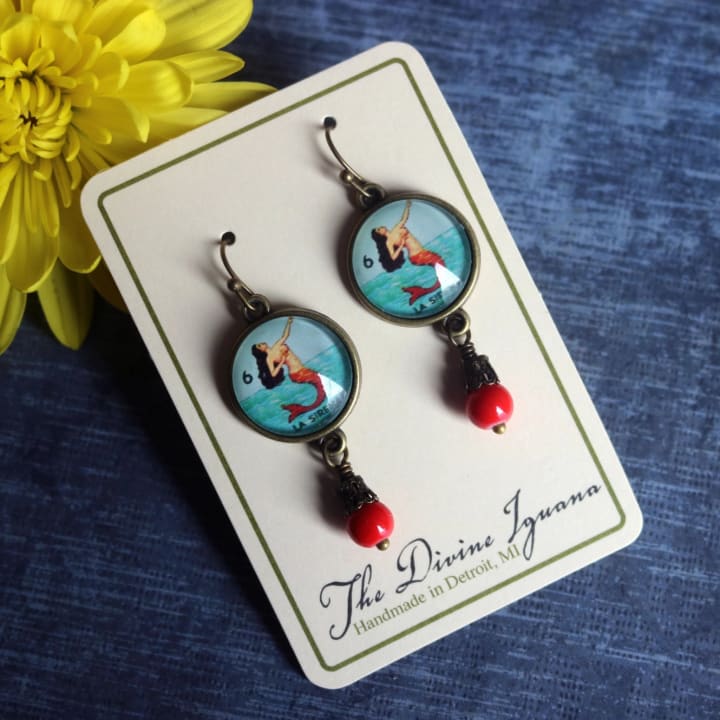 Loteria La Sirena Mermaid Glass Hook Earrings | Handmade in the US