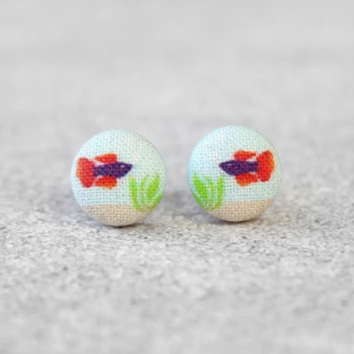 Purple & Orange Beta Fish Fabric Button Earrings | Handmade in the US