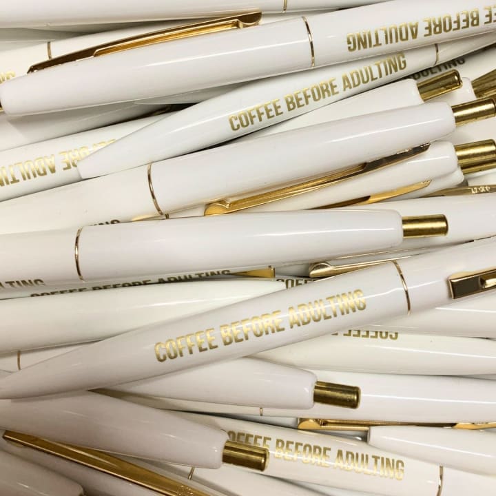 Coffee Before Adulting White Pen with Gold Lettering and Accents