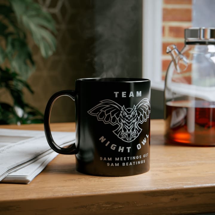 Team Night Owl: 9am Meetings Get 9am Beatings 11oz Black Mug