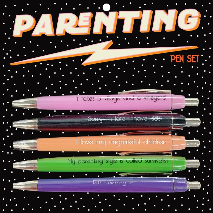 Fun Club Fun Club Parenting Funny Pen Set on Gift Card | Set of 5 | Black Ink | It Takes a Village and a Vineyard, I Love My Ungrateful Children...