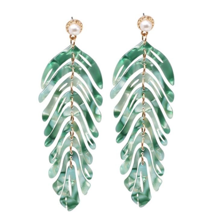 Resin Leaf Tropical Drop Earrings with Pearl Accent - Color: Green