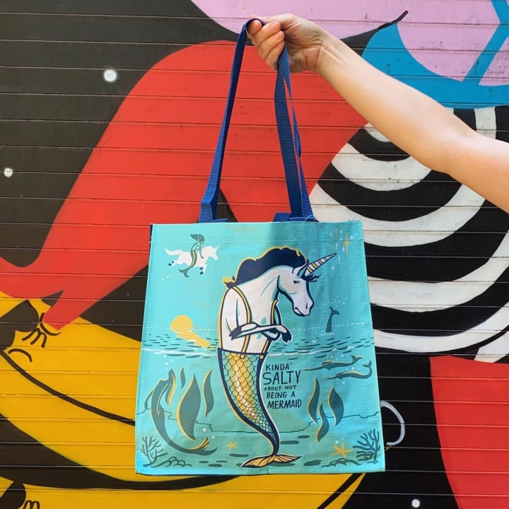 Kinda' Salty About Not Being A Mermaid Large Market Tote Bag in Mermaid Unicorn Design | 15.50" x 15.25" x 6"